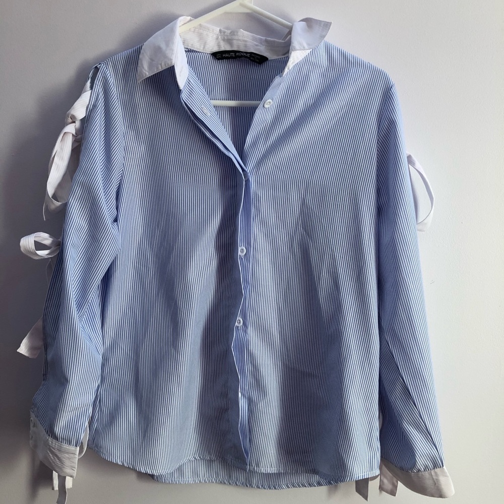 Blue Designer stripped shit with bow sleeves